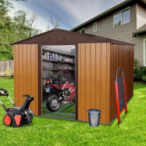 Chery Industrial 8FT x 10FT Outdoor Storage, Affordable Metal Tool Shed with Lockable Sliding Shed Door and Vents,Waterproof Galvanized Steel Sheds & Outdoor Storage for Backyard, Garden(Coffee)