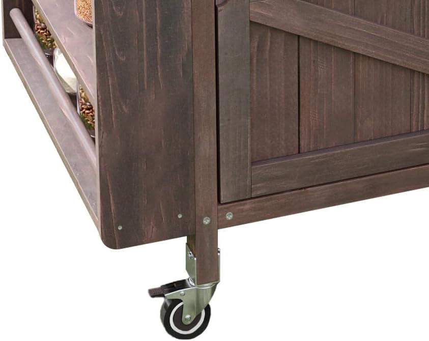 40.5' Outdoor Grill Cart with Stainless Steel Top, Solid Wood Outdoor Storage Cabinet with Drop Leaf, One Drawer, Towel Rack, Rolling Kitchen Cart with Lockable Wheels for Lawn Garden, Brown