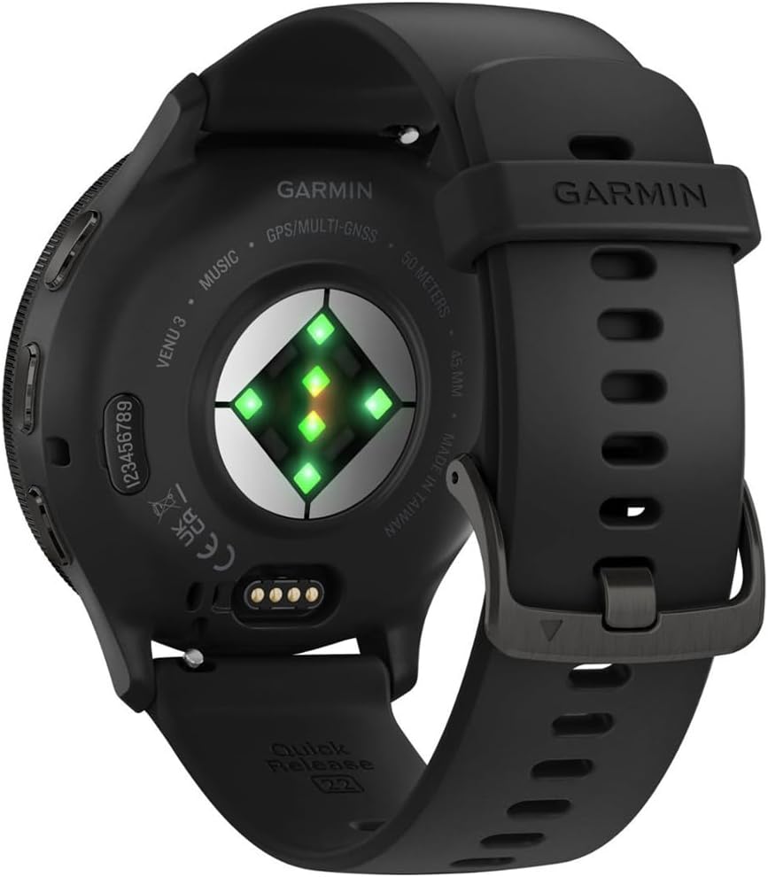 Garmin 010-02784-01 Venu 3 Health and Fitness GPS Smartwatch Steel Bezel with Black Case 45mm Bundle with Deco Essentials Charging Dock, Silicone Dust Cover 3 Pack and USB Type C Charging Cable