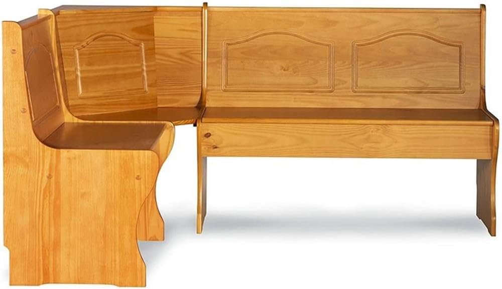 Pemberly Row Corner Kitchen Dining Nook Bench, Natural Honey Pine Finish, Space-Saving Adjustable Design, 67 in W x 51.5 in D x 33.5 in H, Traditional Style Cozy Seating for Small Kitchen Spaces