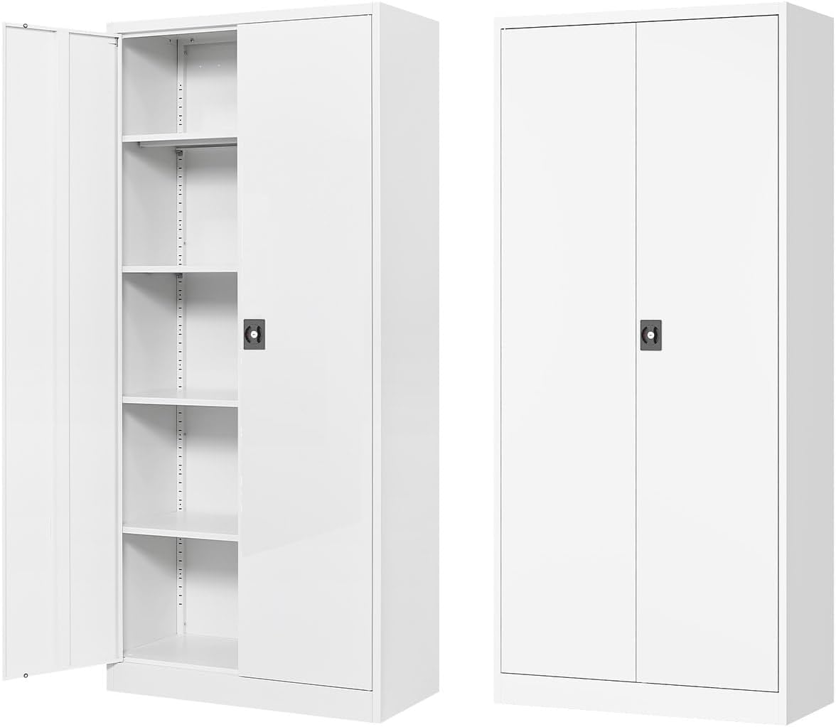 Fesbos Metal Storage Cabinet-71' Tall Steel File Cabinets with Lockable Doors and Adjustable Shelves-White Steel Storage Cabinet for Home,Kitchen, School, Office, Garage