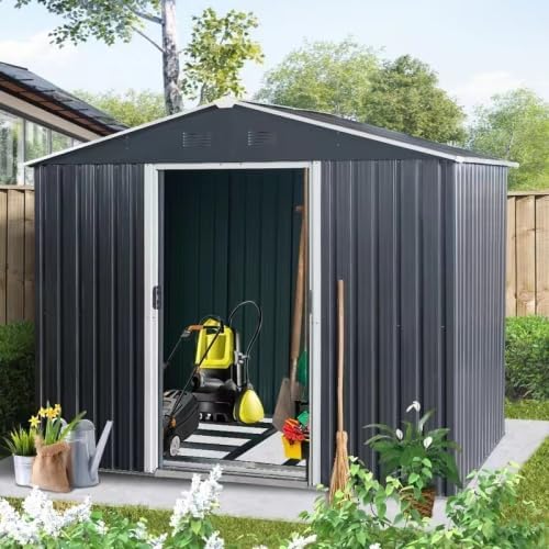 8FT x 6FT Outdoor Storage Shed, Metal Tool with Lockable Sliding Shed Door and Vents,Waterproof Galvanized Steel Sheds & Outdoor Storage for Backyard, Garden, Patio (Black, 8FTx6FT)