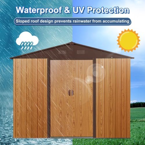 Chery Industrial 8FT x 10FT Outdoor Storage, Affordable Metal Tool Shed with Lockable Sliding Shed Door and Vents,Waterproof Galvanized Steel Sheds & Outdoor Storage for Backyard, Garden(Coffee)