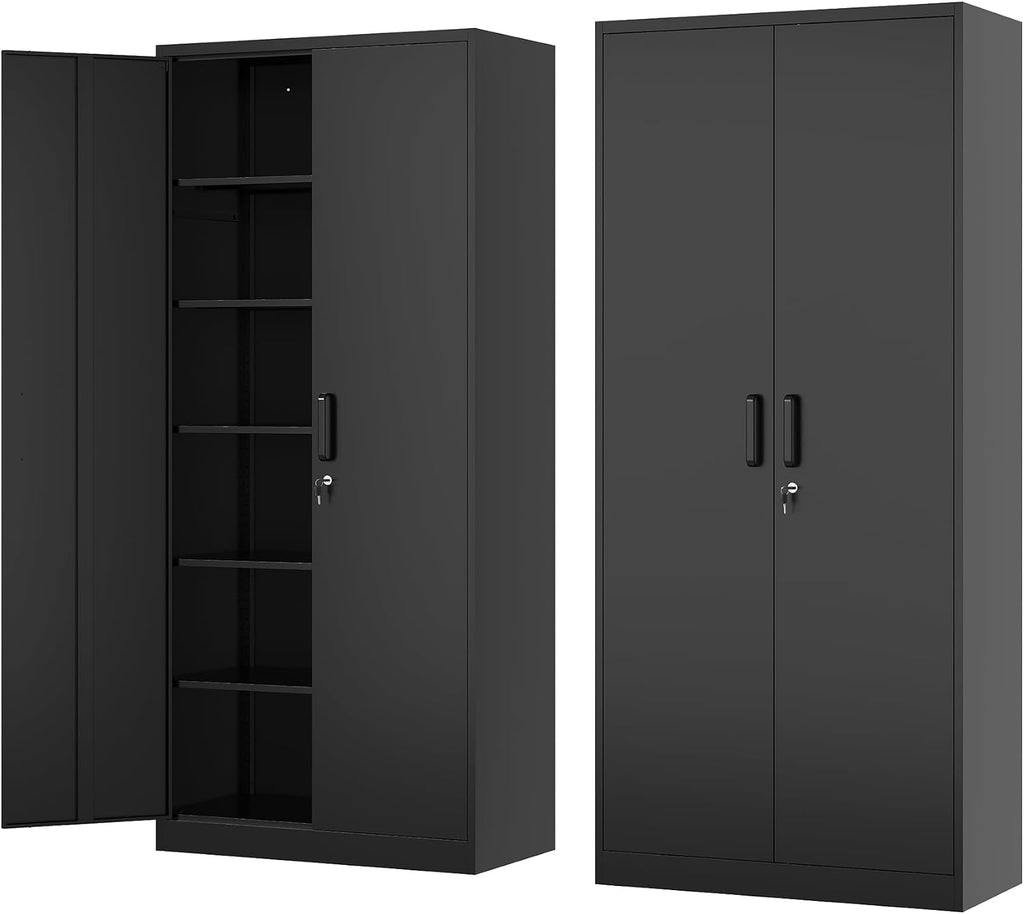 Fesbos Metal Storage Cabinet-71' Tall Steel File Cabinets with Lockable Doors and Adjustable Shelves-Black Steel Storage Cabinet for Home, School, Office, Garage