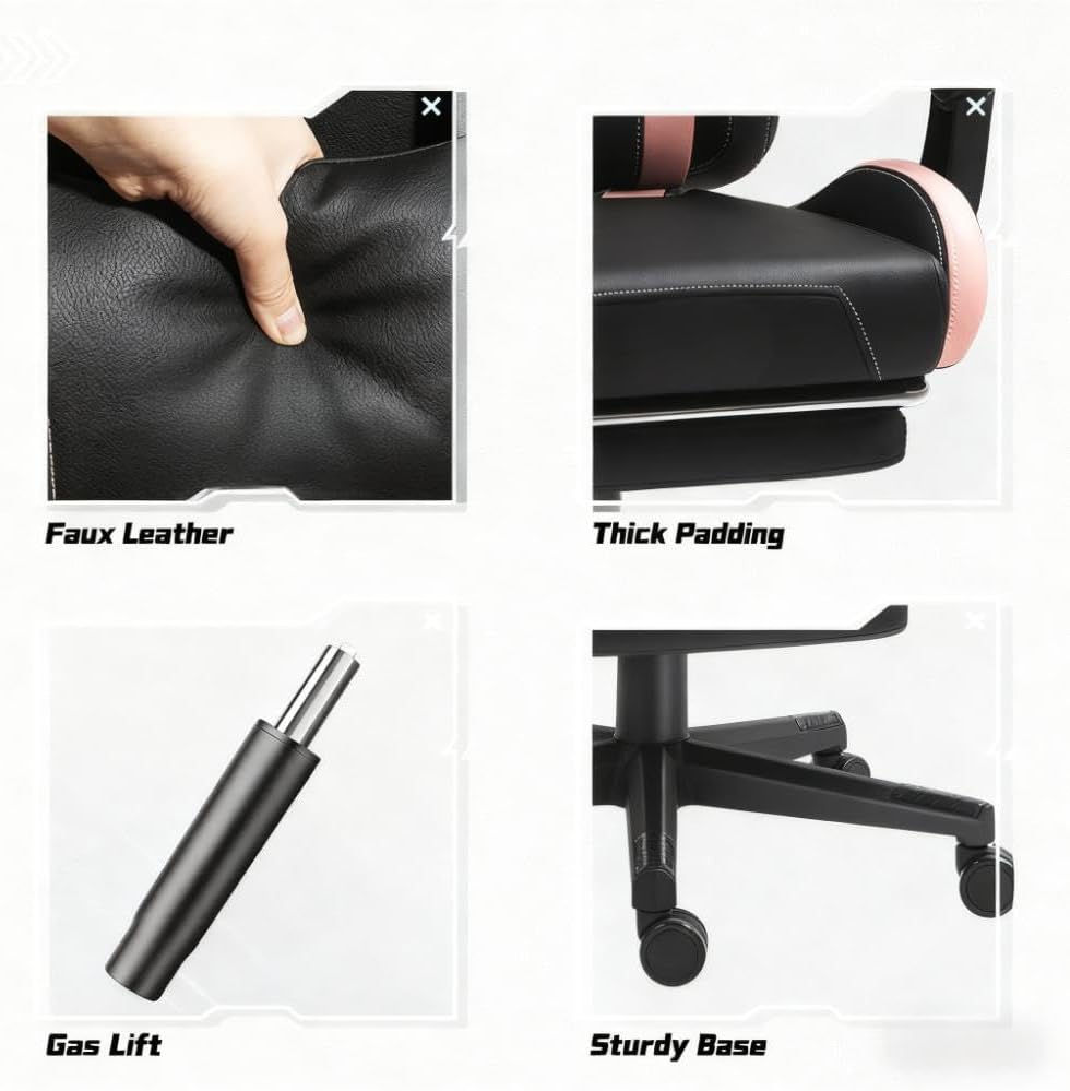 Pink Gaming Chair with Cute Cat Ears Comfy Ergonomic Computer Chair with Footrest and Headrest, Video Game Chairs for Girls, Adult, Teen, Height Adjustable, Lumbar Support (Pink Black)