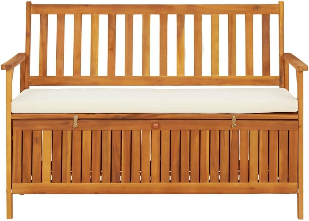 vidaXL Solid Acacia Wood Outdoor Storage Bench with Backrest, Armrests, and Cushion - 47.2'x24.8'x33.1' ic Patio Furniture with Large Storage Compartment