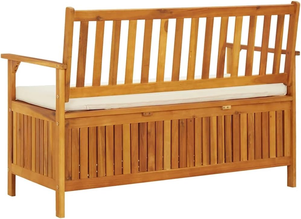 vidaXL Solid Acacia Wood Outdoor Storage Bench with Backrest, Armrests, and Cushion - 47.2'x24.8'x33.1' ic Patio Furniture with Large Storage Compartment