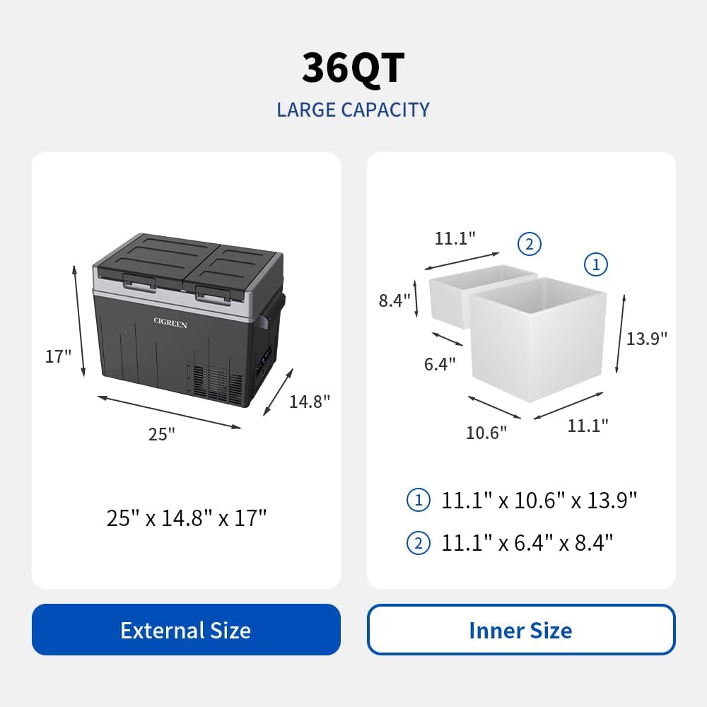 12V Car Refrigerator 38 Quart (36L) Portable Refrigerator Dual Zone Two Doors -4℉-50℉ Electric Cooler Car Fridge Portable Freezer with 12/24V DC for RV Camping Travel Truck Outdoor Home use