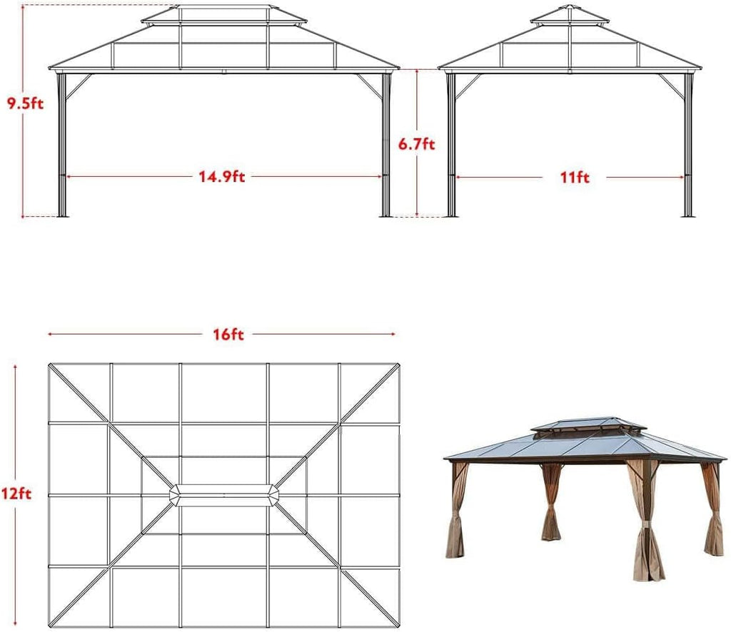 MELLCOM 12'x16' Hardtop Gazebo with Polycarbonate Double Roof, Aluminum Frame Outdoor Gazebos with Curtains and Netting for Garden, Lawn and Patio