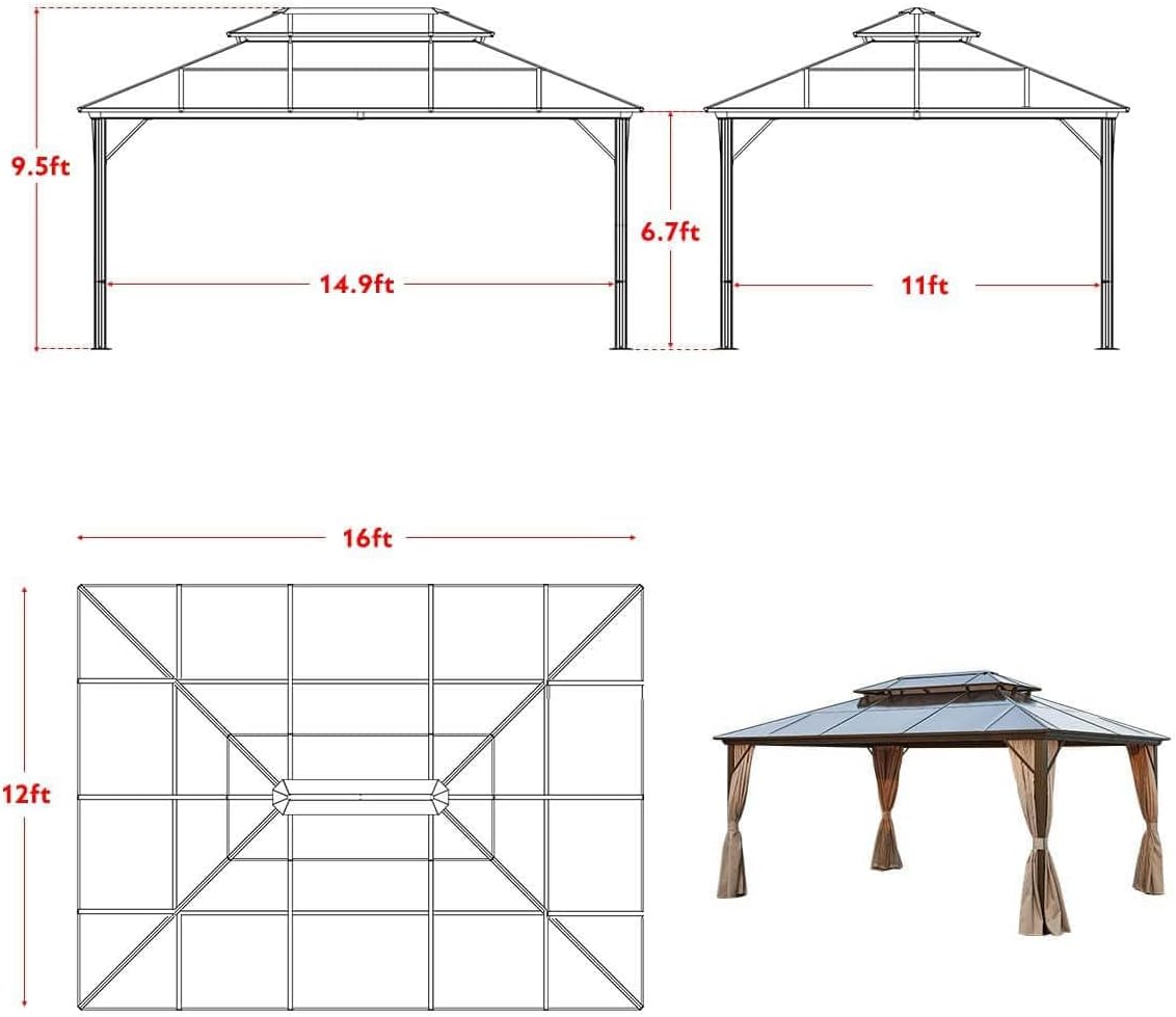 MELLCOM 12'x16' Hardtop Gazebo with Polycarbonate Double Roof, Aluminum Frame Outdoor Gazebos with Curtains and Netting for Garden, Lawn and Patio