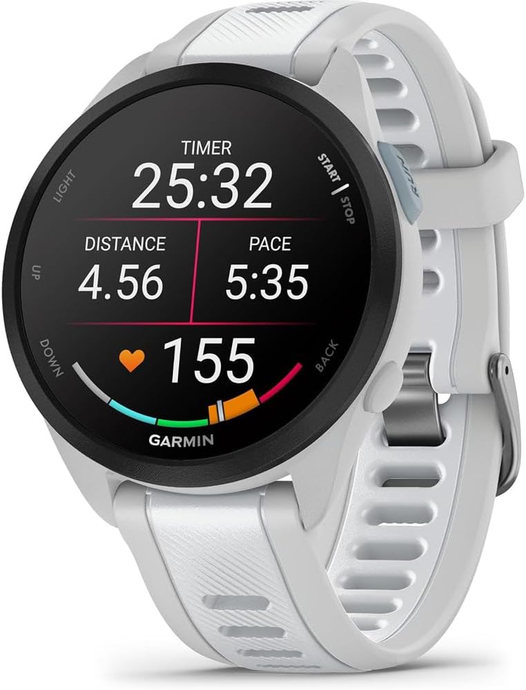Garmin 010-02863-31 Forerunner 165 Music Smart Sport Watch, Mist Gray + Whitestone | Official USA Partner Model | Bundle with Sport Towel + Deco Essentials Wearable Commuter Front + Rear Safety Light