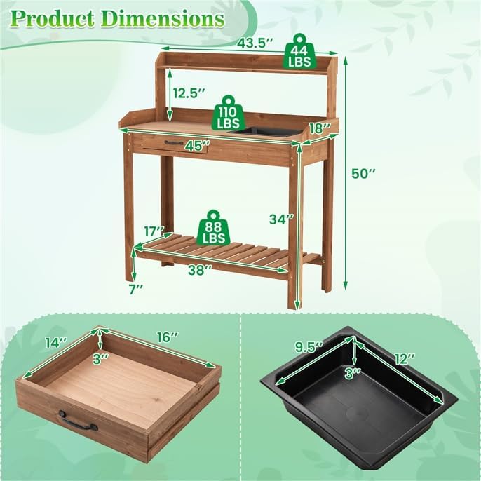ARNOT Potting Bench,Outdoor Potting Bench Table with Sink and Storage Shelves, Wooden Garden Workstation for Gardening Tools, Planting, and Repotting – Natural Fir Wood (38' x 17' x 50')