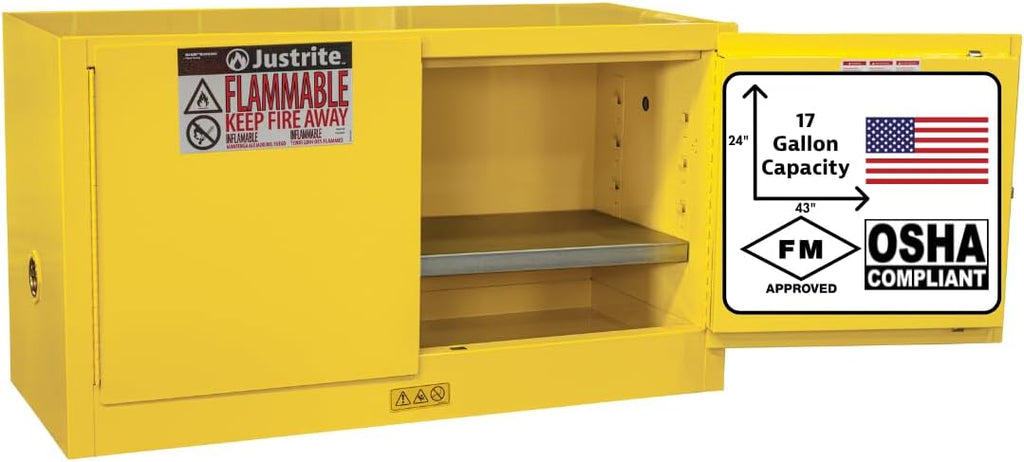 Justrite 17 Gallon Manual Close Piggyback Flammable Storage Cabinet, 18 Gauge Steel, 1 Shelf, 2 Door Fire Cabinet, 24' x 43' x 18', Made in The USA, Yellow, 891700