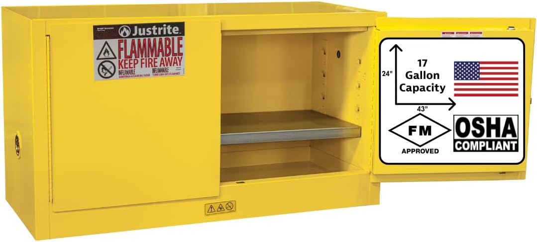 Justrite 17 Gallon Manual Close Piggyback Flammable Storage Cabinet, 18 Gauge Steel, 1 Shelf, 2 Door Fire Cabinet, 24' x 43' x 18', Made in The USA, Yellow, 891700