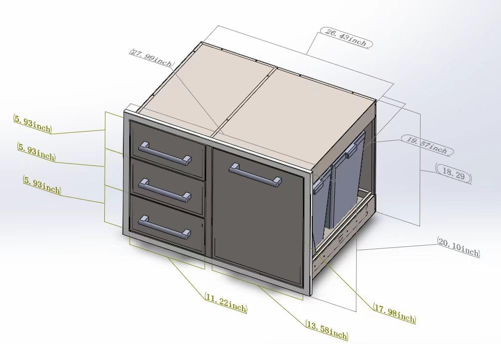 Outdoor Kitchen Drawer Combo, BBQ Access Trash Drawer Combo with Triple Stainless Steel Drawers(Left), Outdoor Kitchen for BBQ Island, Grilling Station, Outside Cabinet (28' W x 19.6'D x 20.1' H)