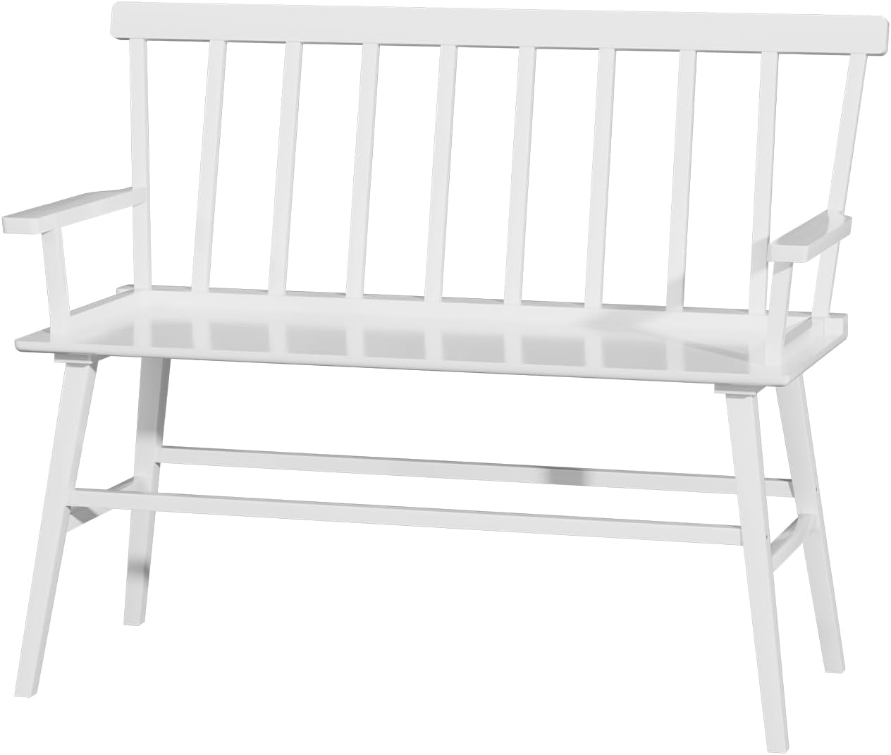 Dining Bench for Kitchen & Dining Room – Bamboo Wood Bench with Spindle Back & Armrests, Farmhouse Entryway Bench, Indoor Bedroom Bench, Versatile Entry Bench & Outdoor Bench Seating（White with Arm）