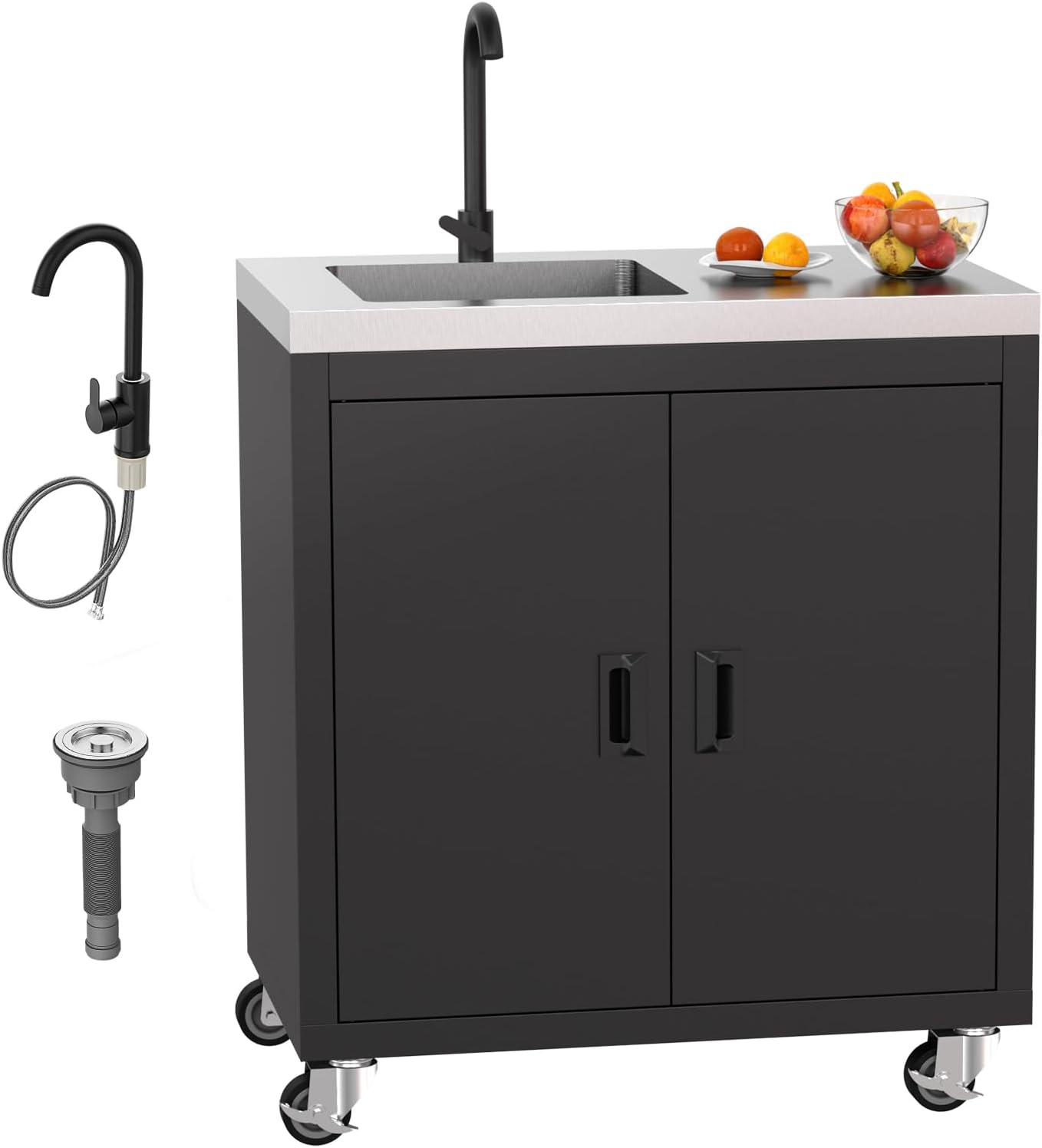 ROVSUN Stainless Steel Utility Sink with Cabinet & Wheels, Outdoor Heavy-Duty Freestanding Prep Grill Cart Sink for Backyard, Kitchen, Garage, Laundry, Garden Use 34.5' D x 19.6' W x 35.4' H