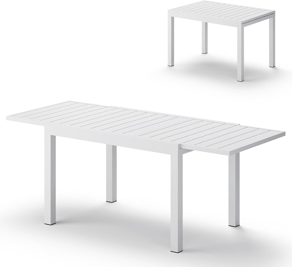 All-Aluminum Expandable Outdoor Patio Dining Table for 4-8 Person, All-Weather Rectangular Outdoor Table(48'-79') with Smooth Cilde Rails & Secure Locking Handle for Garden, Indoor, White