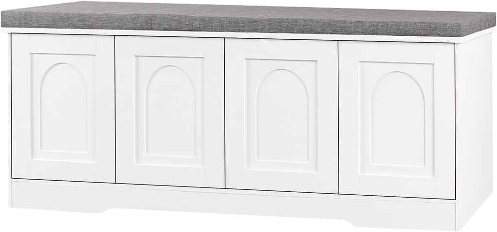 DINZI LVJ Shoe Bench, Entryway Storage Bench with Doors, Cushion, 2-Tier Shoe Rack with 8-Cubby, 47.2'L x 13.8'W Shoe Organizer Cabinet, Adjustable Shelf, Living Room, Bedroom, White