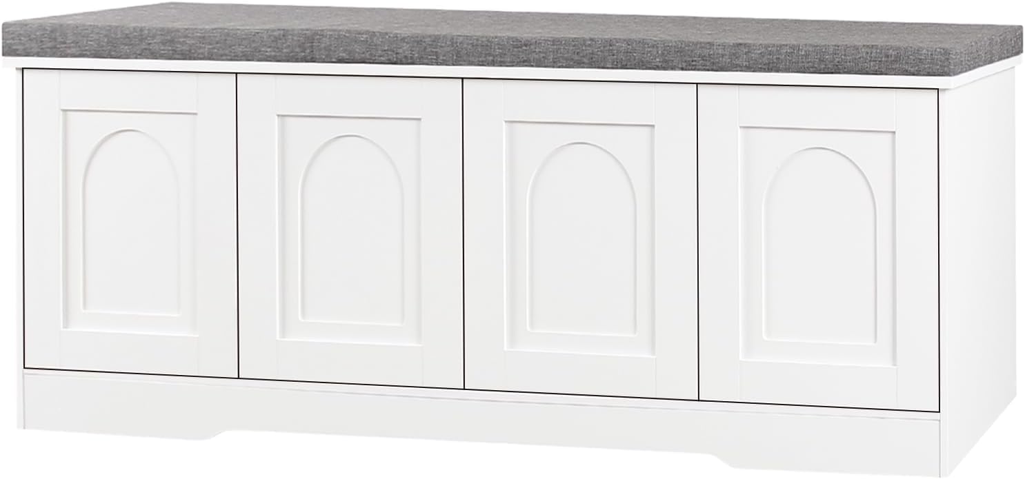DINZI LVJ Shoe Bench, Entryway Storage Bench with Doors, Cushion, 2-Tier Shoe Rack with 8-Cubby, 47.2'L x 13.8'W Shoe Organizer Cabinet, Adjustable Shelf, Living Room, Bedroom, White