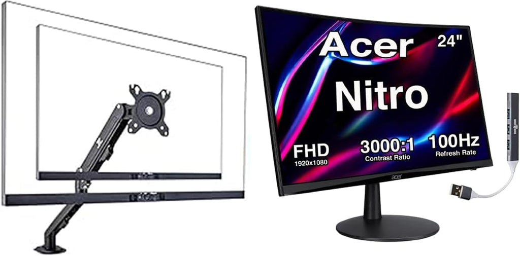 Acer Nitro ED240Q FreeSync FHD 1500R Curve Monitor ZeroFrame Design w/ 1ms Response Time, VESA Mount (100mm), VGA, HDMI & Dockztorm USB Port Expander, Black (UM.UE0AA.H01) & Ergoflexy Single Mount Arm