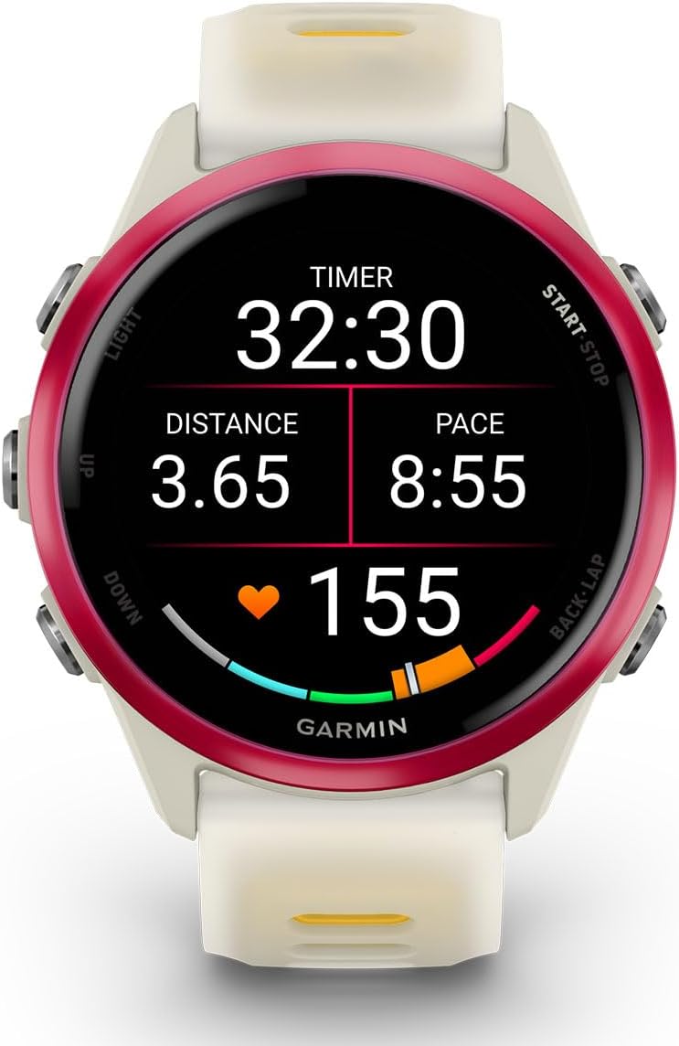 PlayBetter Garmin Forerunner 570 (42mm, Raspberry/Translucent Bone Mango) Advanced GPS Running and Triathlon Smartwatch Bundle HD Screen Protectors & Wireless Earbuds