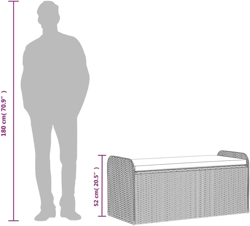 vidaXL Storage Bench Grey PE Rattan, Powder-Coated Steel, Polyester