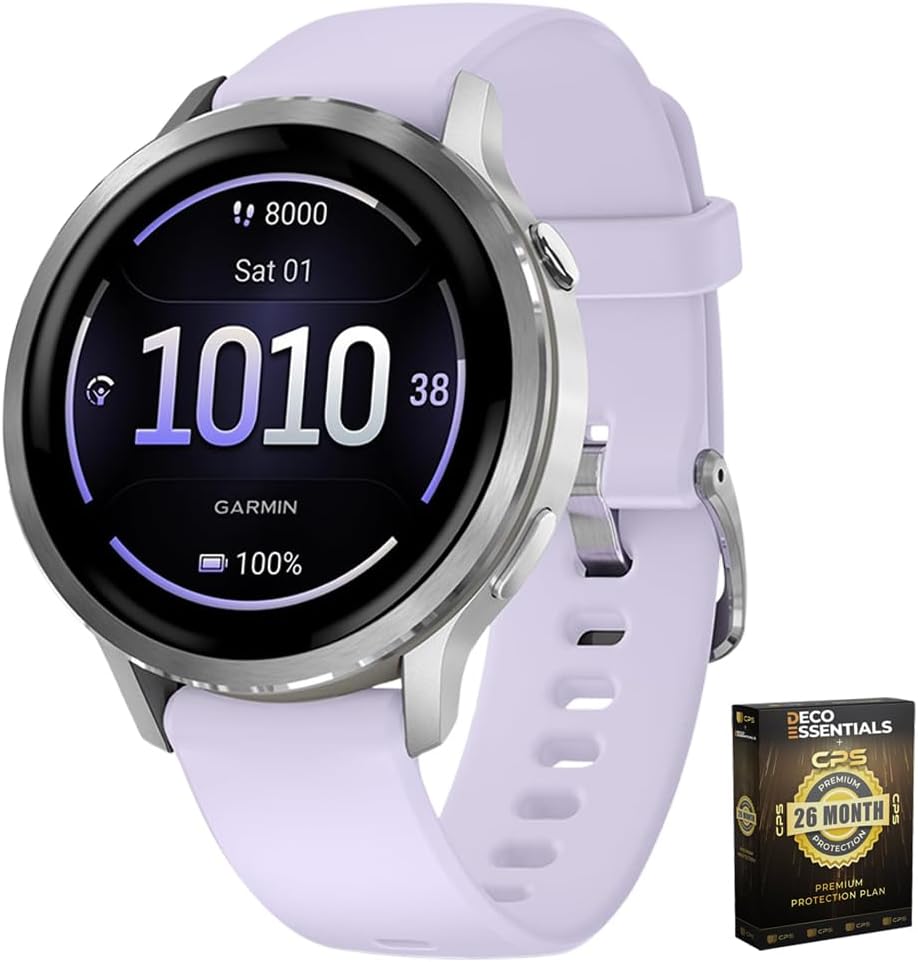 Garmin 010-03013-01 Venu 4, 41mm Health & Fitness GPS Smartwatch Silver with Periwinkle Silicone Band Bundle with Deco Essentials Exclusive 26 Month CPS Enhanced Protection Pack