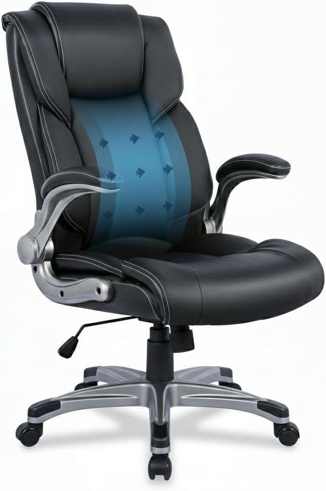 COLAMY Ergonomic Executive Office Chair with Lumbar Support, Flip-Up Arms, Bonded Leather High Back Desk Chair for Home Office & Workstation, Computer Chair for Adults Men Women, Black