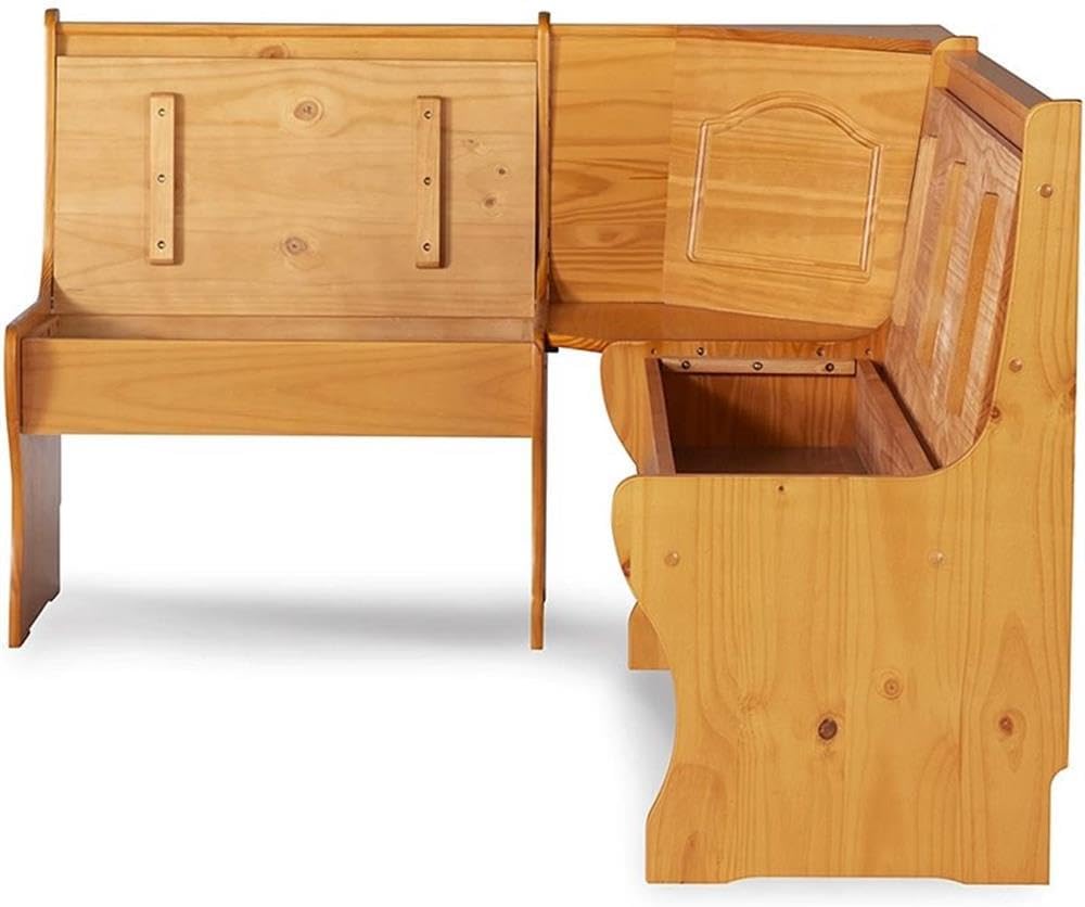 Pemberly Row Corner Kitchen Dining Nook Bench, Natural Honey Pine Finish, Space-Saving Adjustable Design, 67 in W x 51.5 in D x 33.5 in H, Traditional Style Cozy Seating for Small Kitchen Spaces