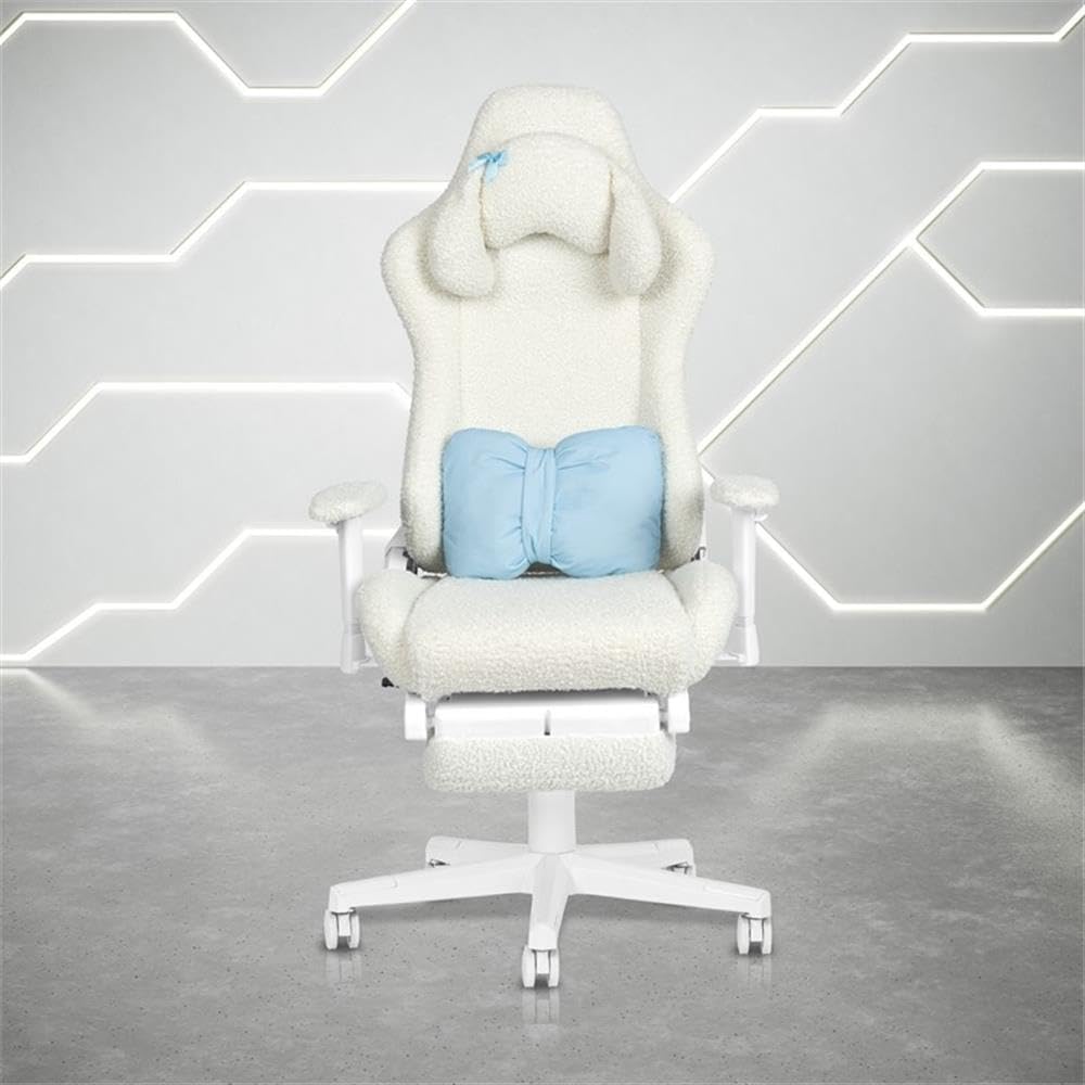 Pemberly Row Contemporary Gaming Chair, Fluffy White Bouclé Fabric, Bunny-Ear Magnetic Headrest, Blue Bow Pillow, Adjustable Footrest, Memory Foam Seat, 27.5'' W x 27'' D x 50-54'' H, Ergonomic Design