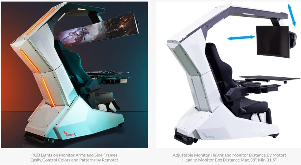 IMPERATOR WORKS Black R1 Pro Chair Workstation Cockpit Genuine Leather Massage seat highback Chair Gaming Cockpit with Speakers Starlight RGB Electrical Control Support 3 Monitors