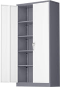 Greenvelly Metal Storage Cabinet with 2 Doors and 4 Adjustable Shelves, Lockable Steel Tool Cabinet for Home, Office, Garage, Classroom (Grey White)
