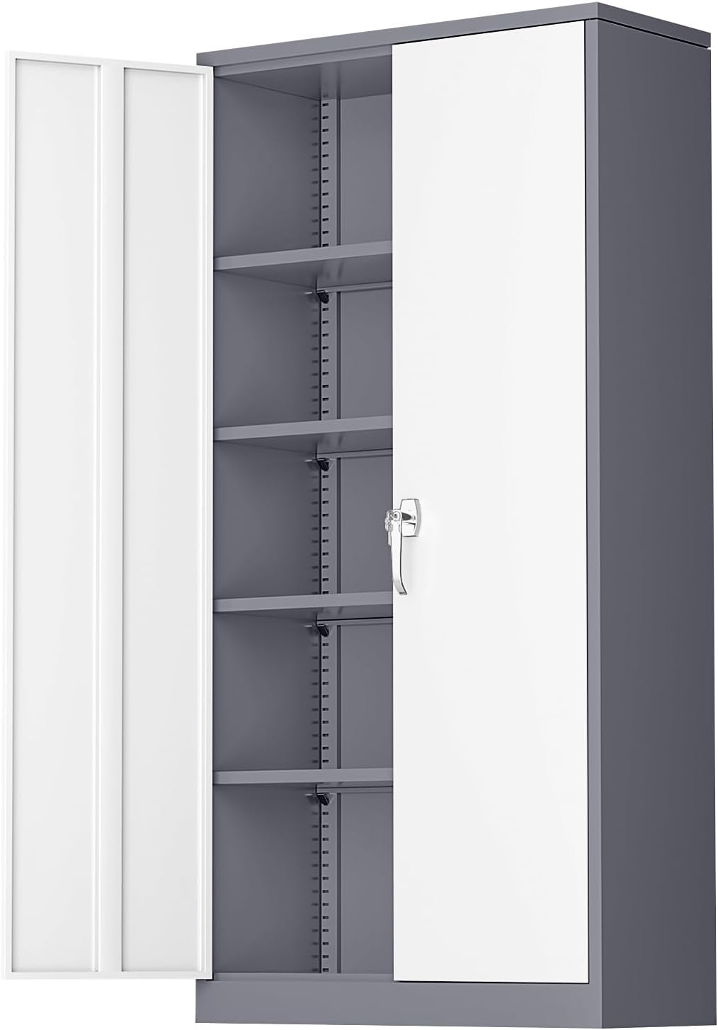 Greenvelly Metal Storage Cabinet with 2 Doors and 4 Adjustable Shelves, Lockable Steel Tool Cabinet for Home, Office, Garage, Classroom (Grey White)