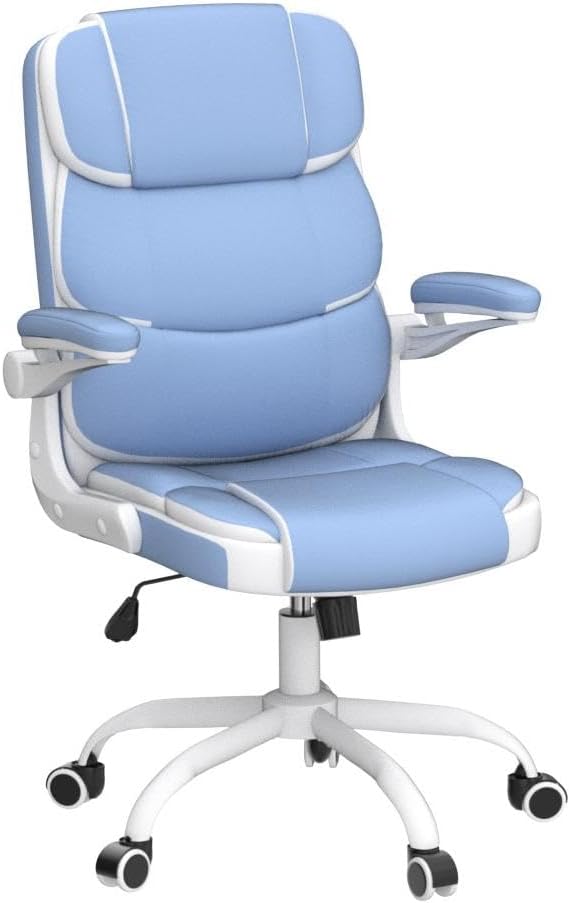 SEATZONE Blue Office Chair Leather Ergonomic Executive Computer Desk Chairs Small Cute Rolling Task Chairs for Teens&Adults