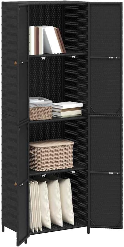 YAFF Tall Outdoor Storage Cabinet – Modern Black Woven Poly Rattan Durable Double Door Design for Garden Patio Garage Organization Weatherproof Easy Maintenance