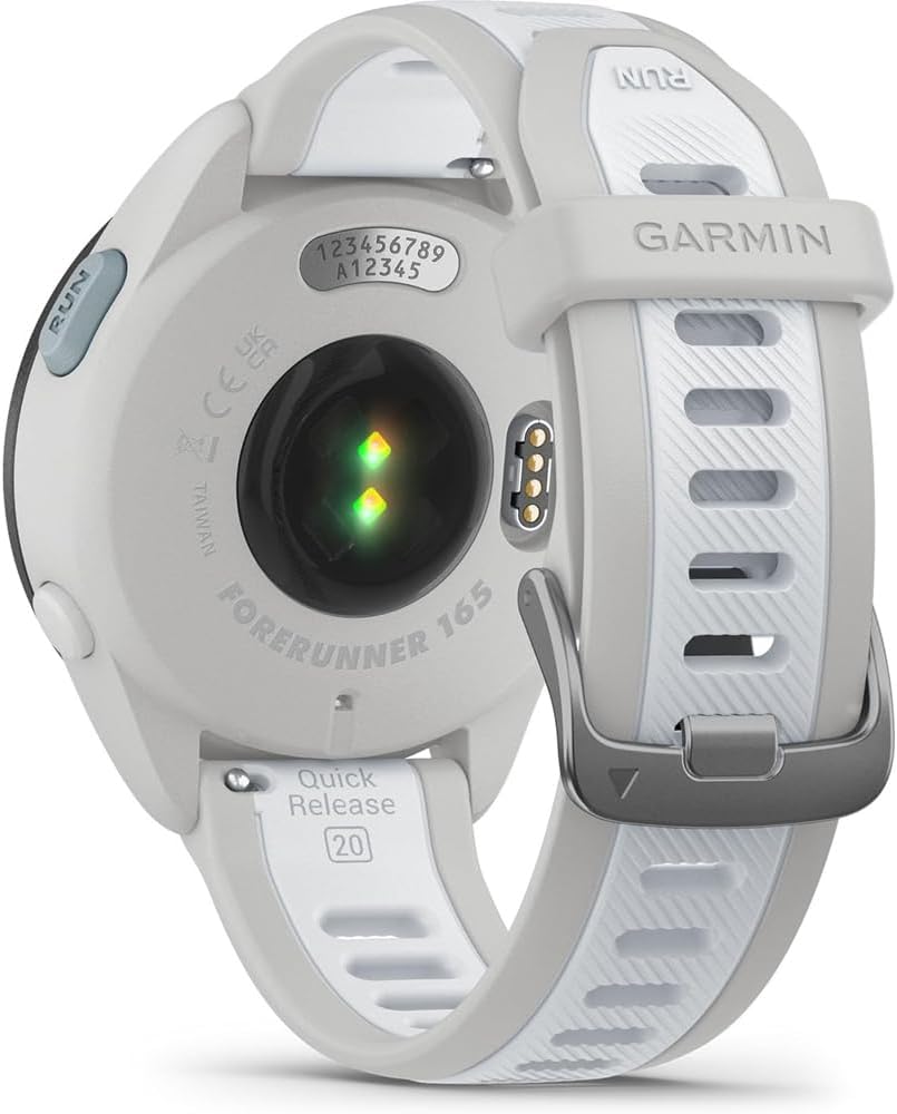 Garmin 010-02863-31 Forerunner 165 Music Smart Sport Watch, Mist Gray + Whitestone | Official USA Partner Model | Bundle with Sport Towel + Deco Essentials Wearable Commuter Front + Rear Safety Light