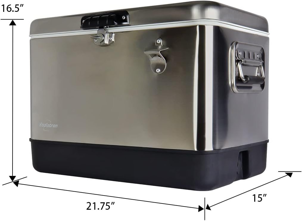 Koolatron Ice Chest Cooler - Portable Ice Bucket with Bottle Opener, Vintage Style, Insulated for Camping, Beach, Picnic, RV, BBQs, Tailgating, Fishing, Stainless Steel 85 Can Ice Box, 51L (54 qt)