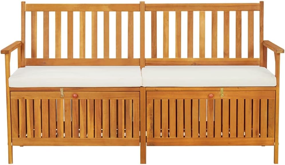 vidaXL Patio Storage Bench 58.3' - Solid Acacia Wood with Cream White Cushion - Versatile Wooden Bench for Indoor and Outdoor Use - with Ample Storage Space