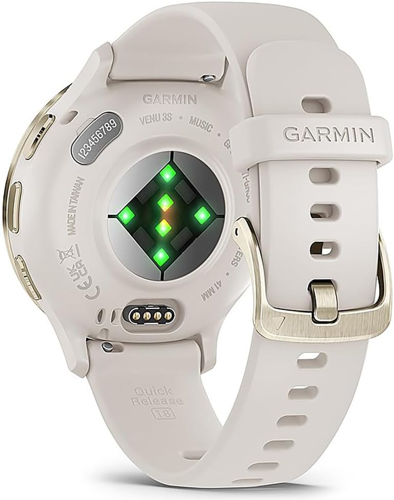 Garmin 010-02785-04 Venu 3S Health Fitness GPS Smartwatch Gold Steel Bezel with Ivory Case 41mm Bundle with Charging Dock, Silicone Dust Cover 3 Pack and USB Type C Charging and Sync Cable