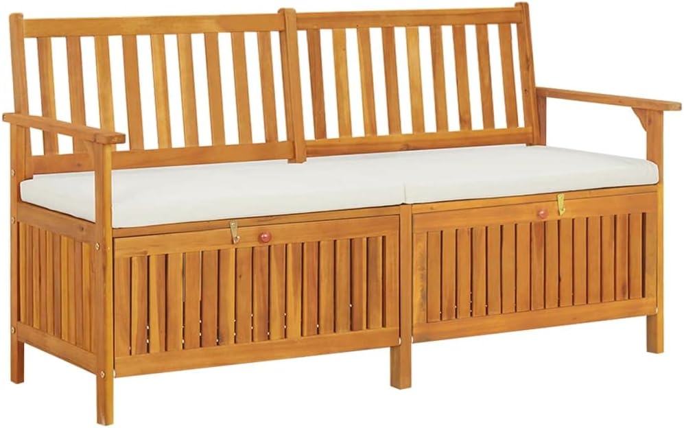 vidaXL Patio Storage Bench 58.3' - Solid Acacia Wood with Cream White Cushion - Versatile Wooden Bench for Indoor and Outdoor Use - with Ample Storage Space
