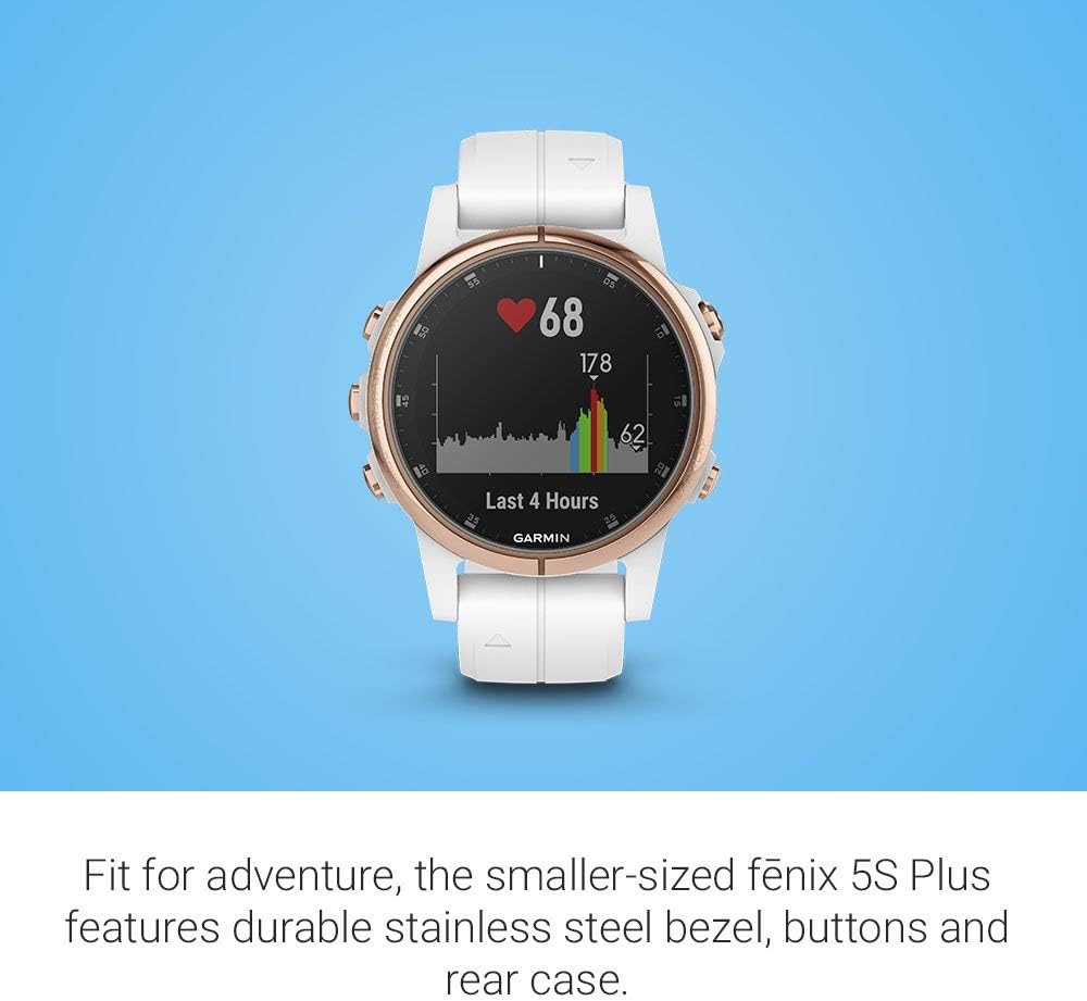 Garmin fenix 5S Plus, Smaller-Sized Multisport GPS Smartwatch, Features Color Topo Maps, Heart Rate Monitoring, Music and Contactless Payment, White/Rose Gold