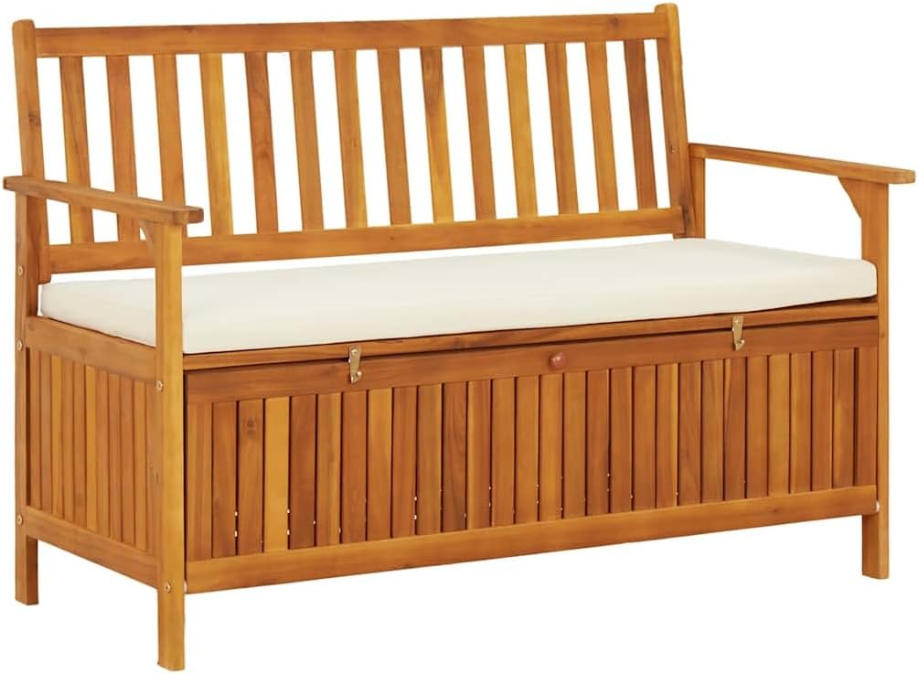 vidaXL Solid Acacia Wood Outdoor Storage Bench with Backrest, Armrests, and Cushion - 47.2'x24.8'x33.1' ic Patio Furniture with Large Storage Compartment