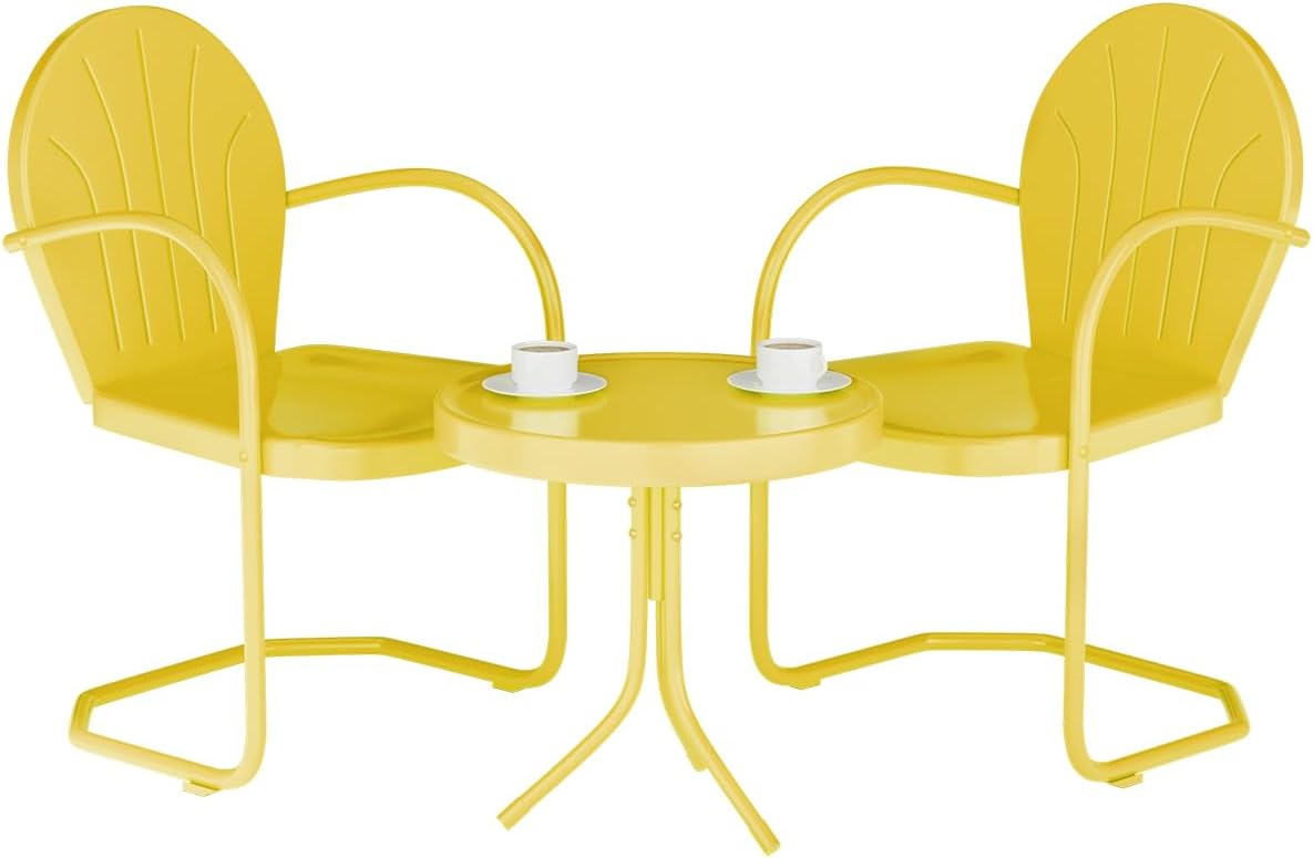 Patio Bistro Set Retro Metal Outdoor Seating Set Conversation Set 3 Pieces, 2 C-Spring Motion Armchairs and Round Side Table, for Porch, Lawn, Garden（Yellow）