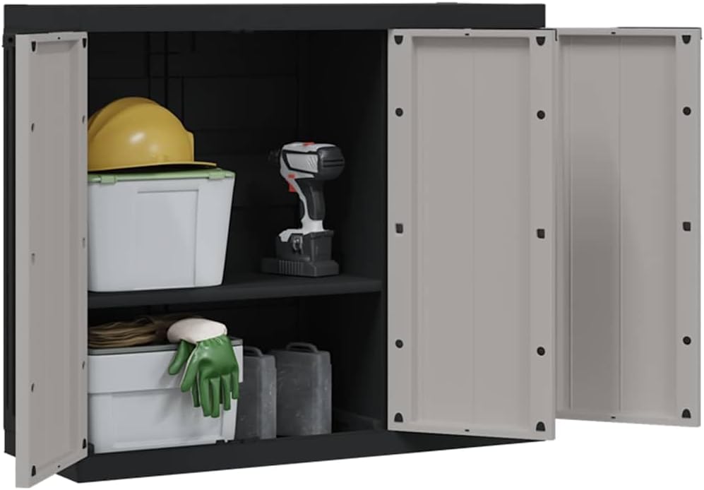 Outdoor Storage Cabinet with Lockable Door. Weatherproof Garden Shed Organizer for Patio Balcony. 38.2x14.6x33.5 Inches PP Utility Cupboard with Adjustable Shelves
