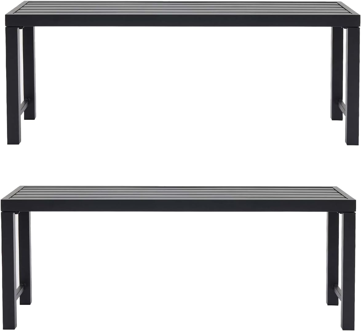 Outdoor Metal Backless Bench, Set of 2,Weatherproof Patio Bench with Slatted Seat, All-Weather Garden Bench for Porch, Patio, Lawn and Backyard, Black