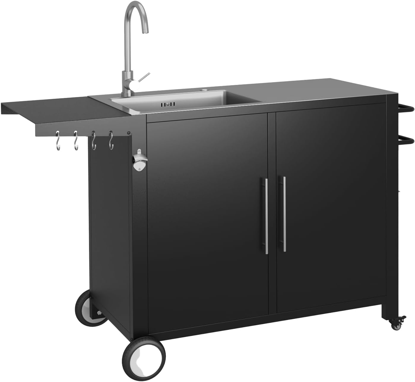 Grill Table with Sink, Outdoor Stainless Steel Kitchen Island Cabinets Sink Station with Hose Hook up & Lockable Casters, Rolling BBQ Table for Backyard