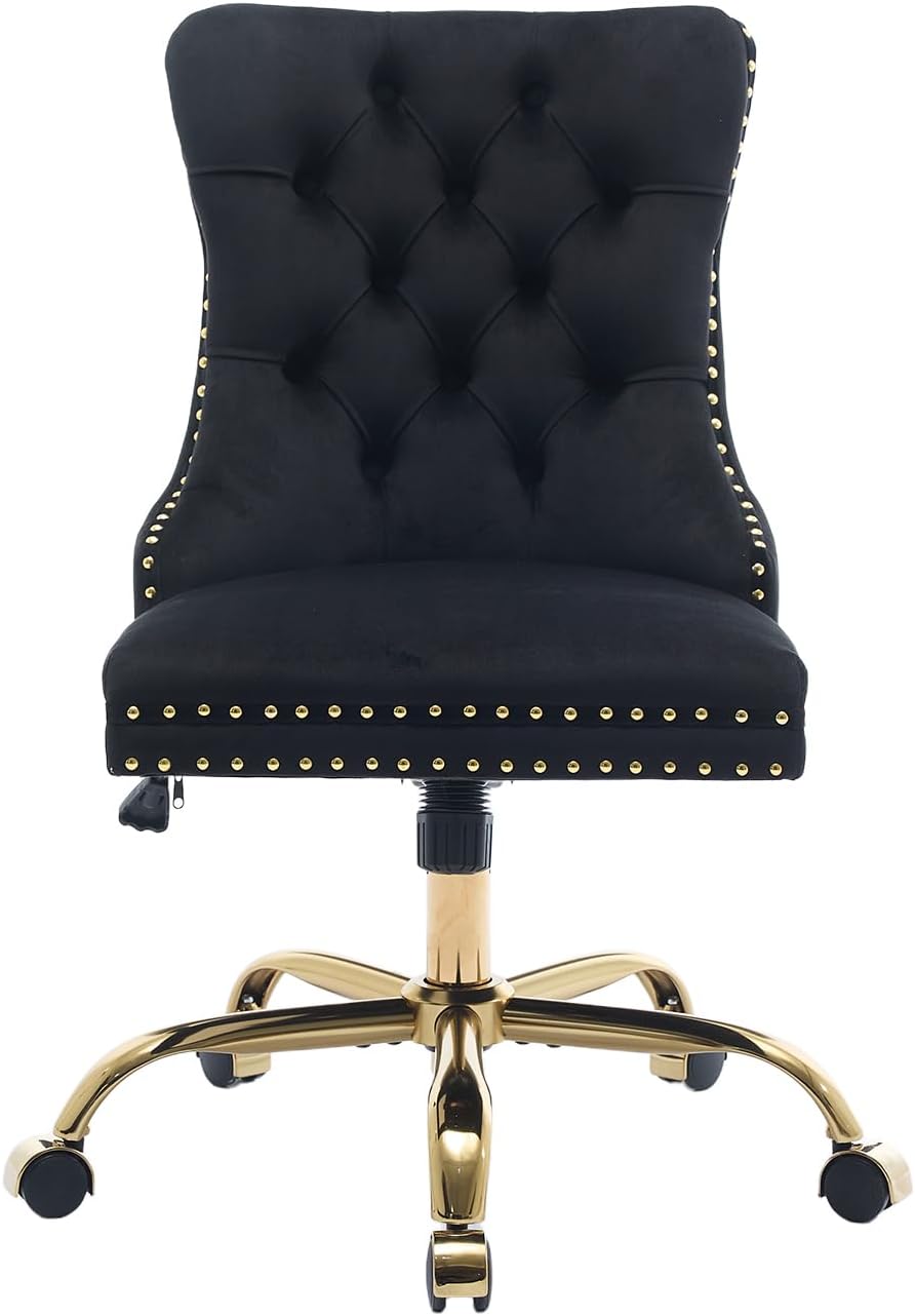Black Velvet Armless Home Office Desk Chair with Wheels & Gold Base, Modern Comfortable Office Chair Rolling Task Chair, Upholstered Adjustable Computer Chair for Studio, Reception,Black