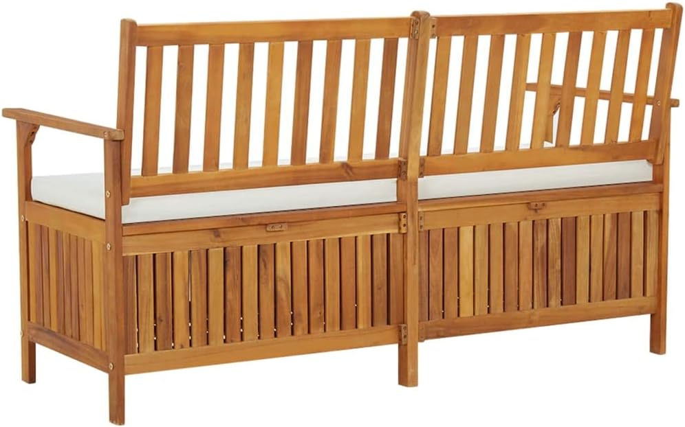 vidaXL Patio Storage Bench 58.3' - Solid Acacia Wood with Cream White Cushion - Versatile Wooden Bench for Indoor and Outdoor Use - with Ample Storage Space