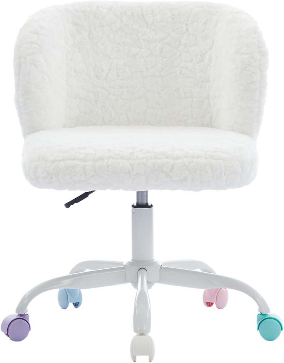 White Faux Fur Vanity Chair, Adjustable Swivel Home Office Chair with Colorful Wheels and Metal Base, Cute Makeup Chair for Women, Teens & Girls(White)